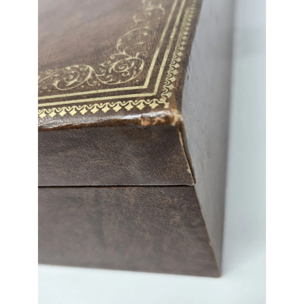 VINTAGE MELE TWO TIER BROWN FAUX LEATHER JEWELERY BOX GOLD FILIGREE CREAM VELVET